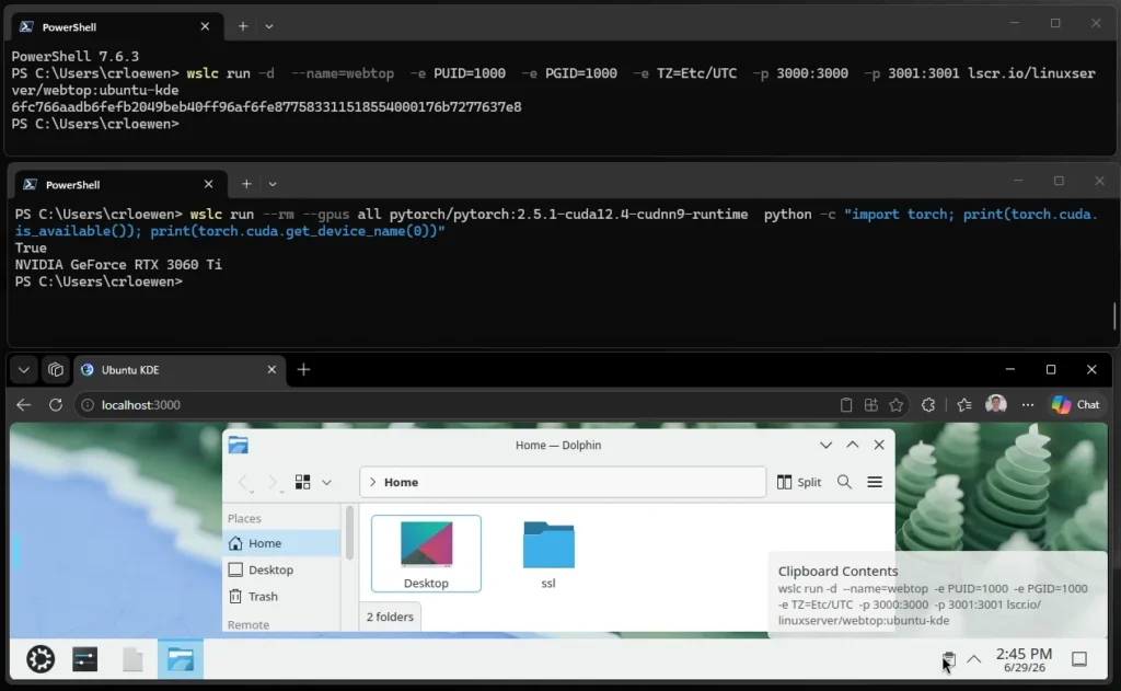 Montagem gráfica representando a execução nativa de containers Linux dentro do subsistema Windows WSL sem a intermediação de softwares pesados de gerenciamento. Montagem gráfica representando a execução nativa de containers Linux dentro do subsistema Windows WSL sem a intermediação de softwares pesados de gerenciamento.